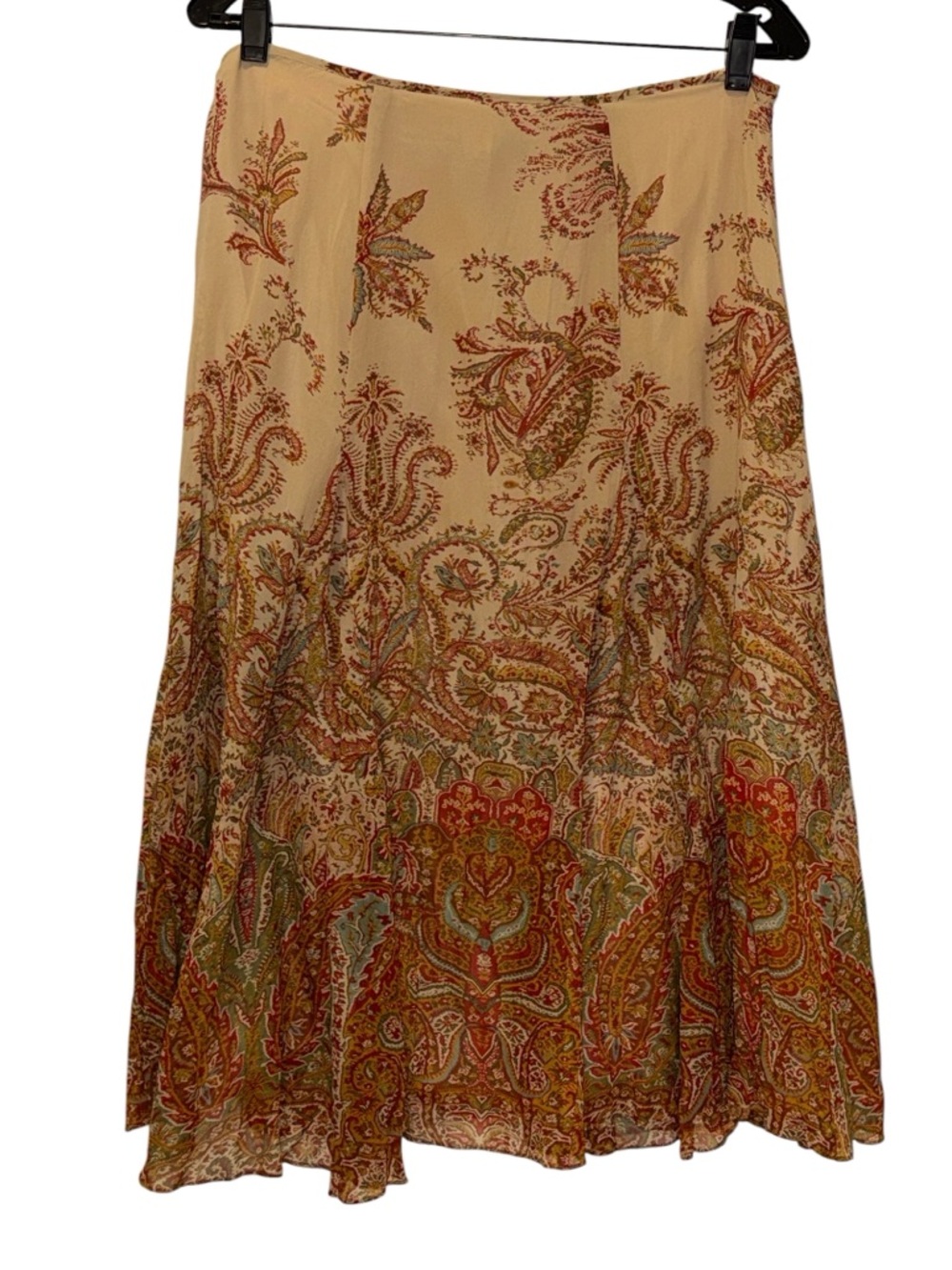 Lauren Ralph Lauren Silk Skirt Paisley Midi Flowy Cream Red Green Blue Sz 8